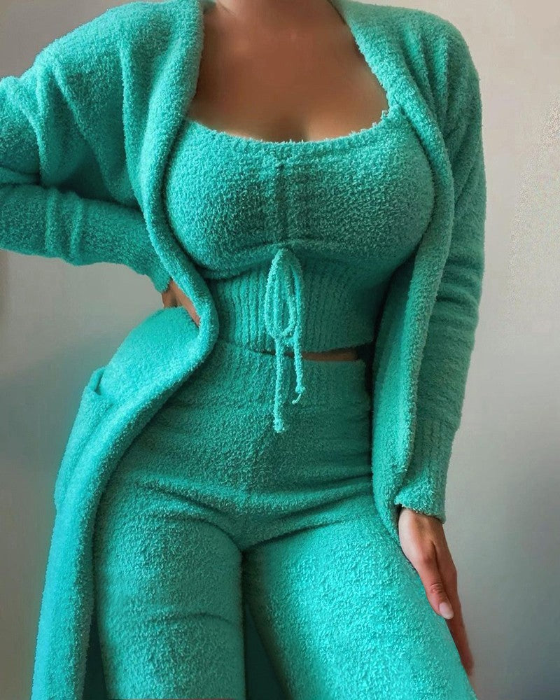 Fuzzy Three-Piece Set Tie-Up Pajama Set Casual Lounge Wear Women's Sleepwear Set