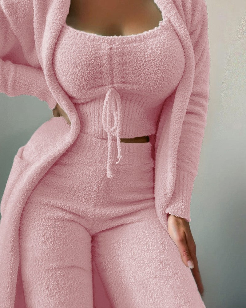Fuzzy Three-Piece Set Tie-Up Pajama Set Casual Lounge Wear Women's Sleepwear Set