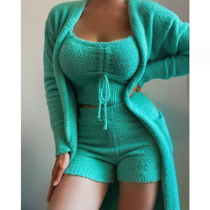 Fuzzy Three-Piece Set Tie-Up Pajama Set Casual Lounge Wear Women's Sleepwear Set