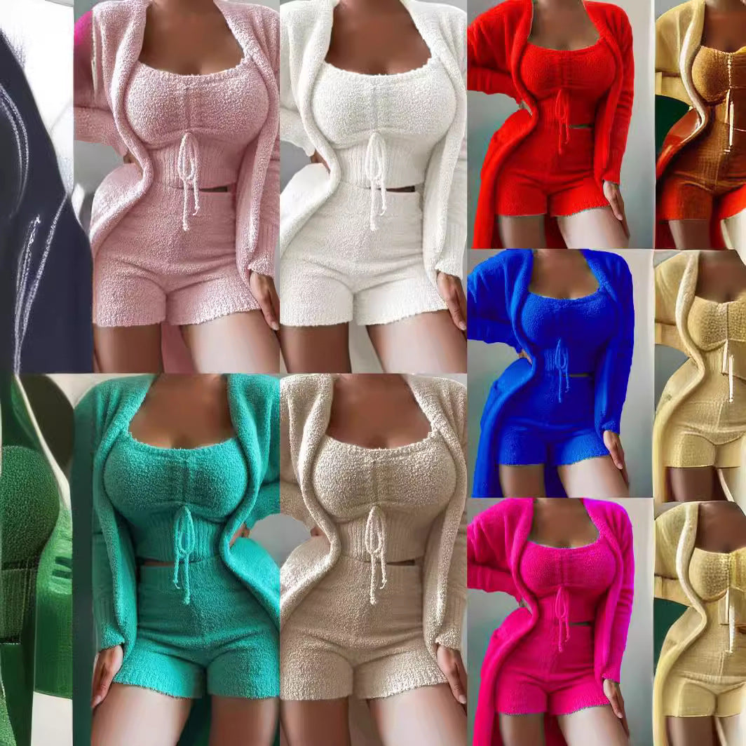 Fuzzy Three-Piece Set Tie-Up Pajama Set Casual Lounge Wear Women's Sleepwear Set