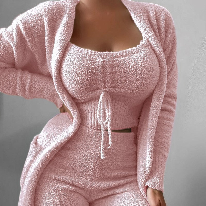 Fuzzy Three-Piece Set Tie-Up Pajama Set Casual Lounge Wear Women's Sleepwear Set