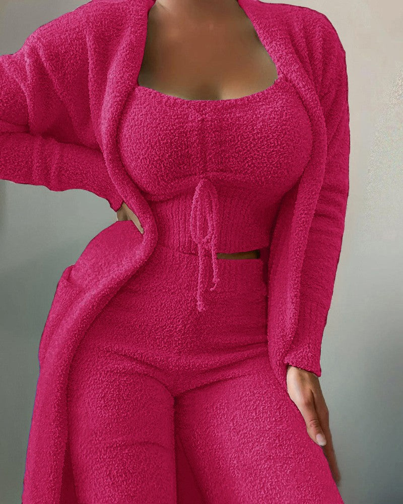 Fuzzy Three-Piece Set Tie-Up Pajama Set Casual Lounge Wear Women's Sleepwear Set