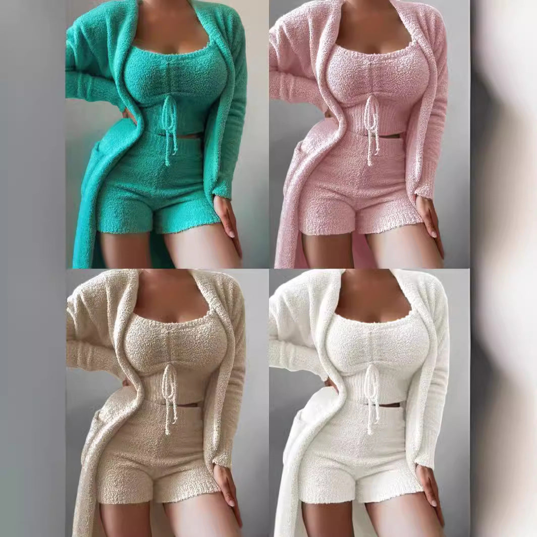 Fuzzy Three-Piece Set Tie-Up Pajama Set Casual Lounge Wear Women's Sleepwear Set