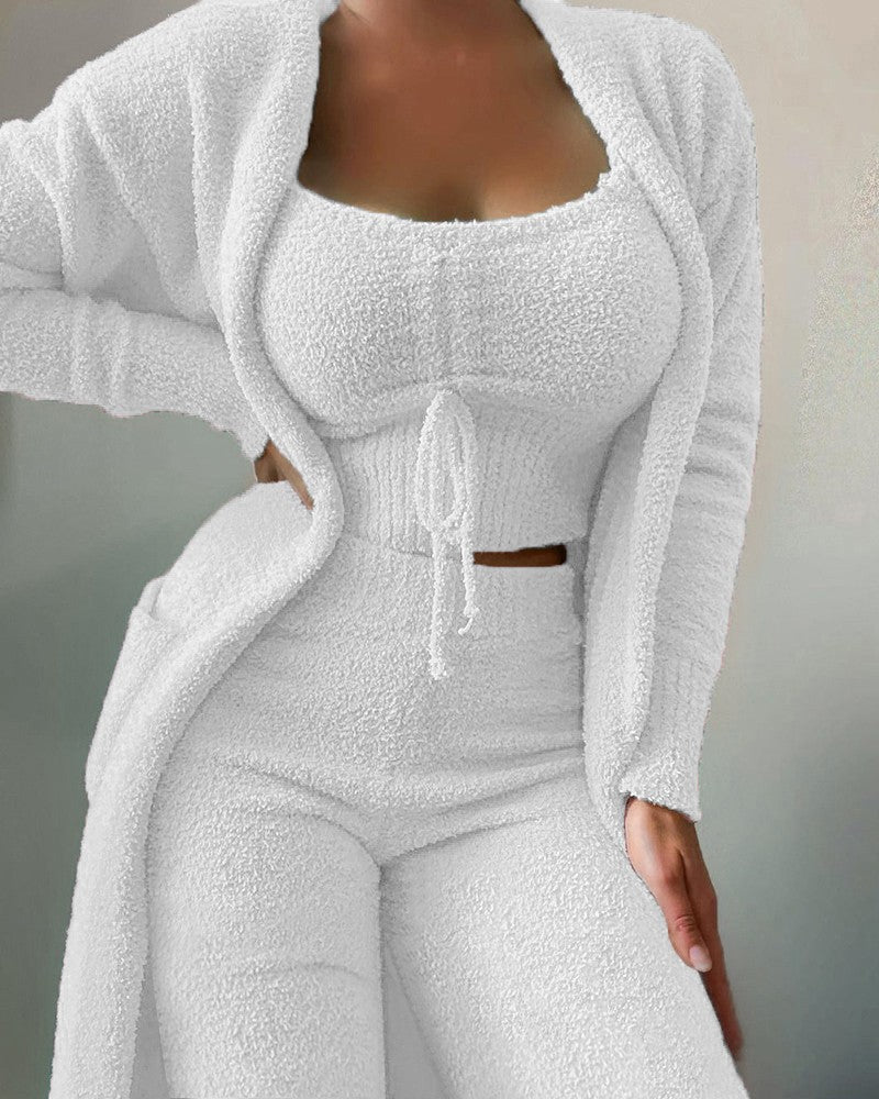 Fuzzy Three-Piece Set Tie-Up Pajama Set Casual Lounge Wear Women's Sleepwear Set