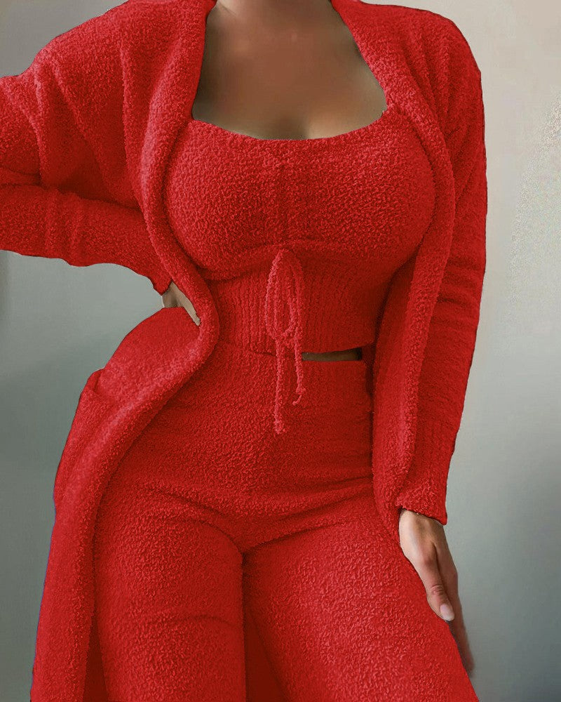 Fuzzy Three-Piece Set Tie-Up Pajama Set Casual Lounge Wear Women's Sleepwear Set